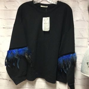 Vintage Zara Trafaluc feather sleeve top  bird feathers velvet Rick Rack  sz m